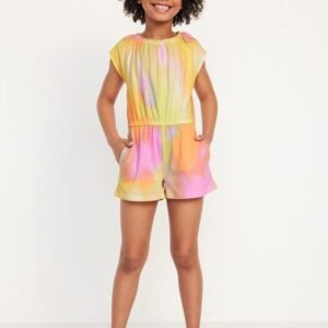 Girls' Short-Sleeve Cinched-Waist Romper Multi Regular Size M Girls-Short-Sleeve-Cinched-Waist-Romper